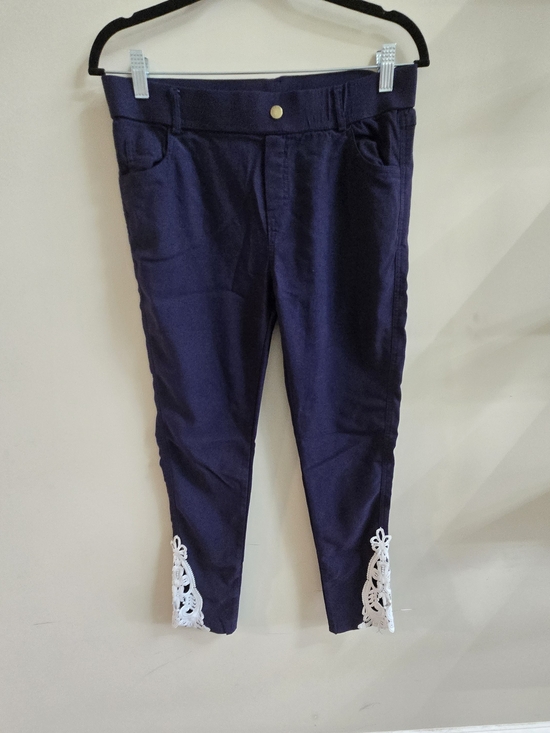 Amaryllis Pants - Amaryllis Navy Blue Ankle Pants White Lace Cutout Hem Size Large